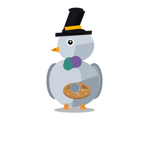 Maskottchen: Taube mit Zylinder und Franzbrötchen